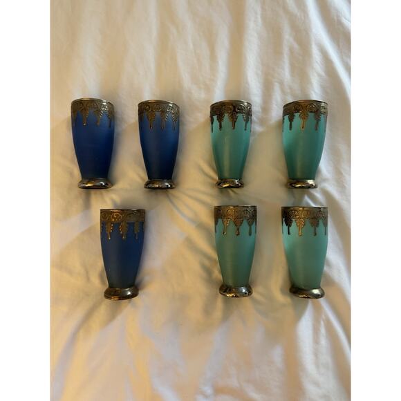 Lot of 7 Blue Glasses Cups Silver Medieval Middle Eastern Home Decor - Picture 1 of 8